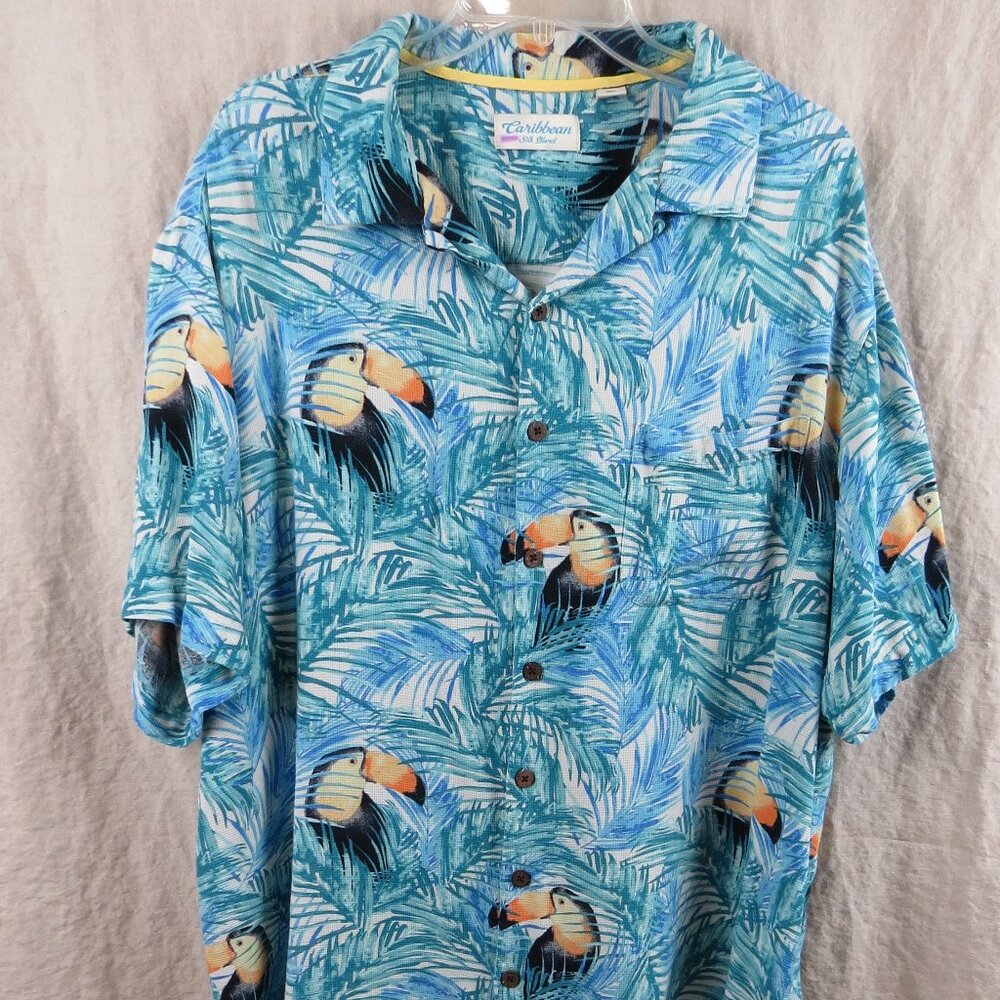 Caribbean Hawaiian Toucan Tropical Shirt Men's SIZE 2XT Silk Rayon Blend, Blue